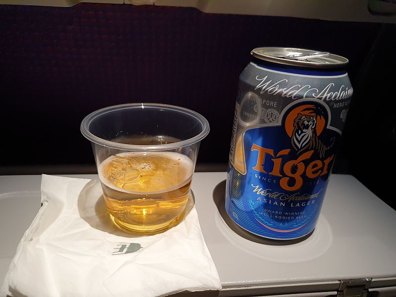 Malaysia Airlines Economy Class inflight drinks tiger beer LHR KUL July 2019
