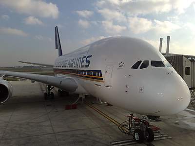 Singapore Airlines' new twin-desk Airbus at Toulouse on the Reveal day, Oct 15th 2007